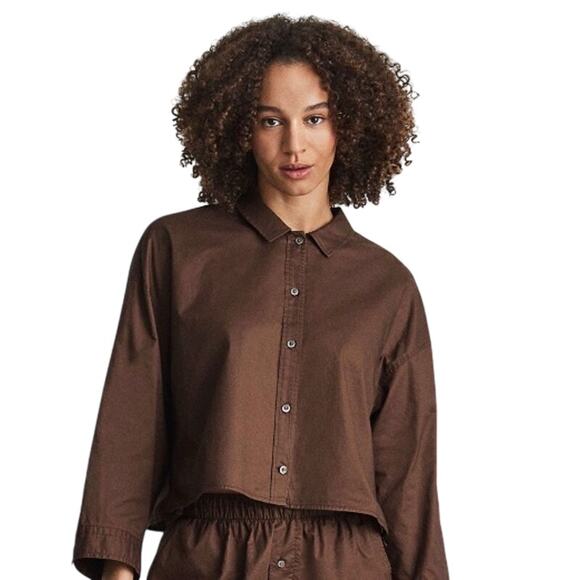 Everlane Tops - Everlane Brown Long Sleeve Button Down Cropped Cotton PJ Top Blouse Sz XS